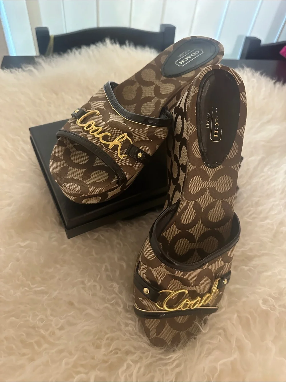 Coach Signature Logo Canvas Wedge Slide Sandals Open Toe Brown Beige 7B
